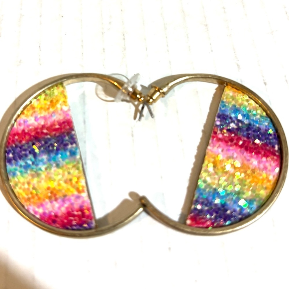 Gold Hoop Earrings with Rainbow Glitter Inlay